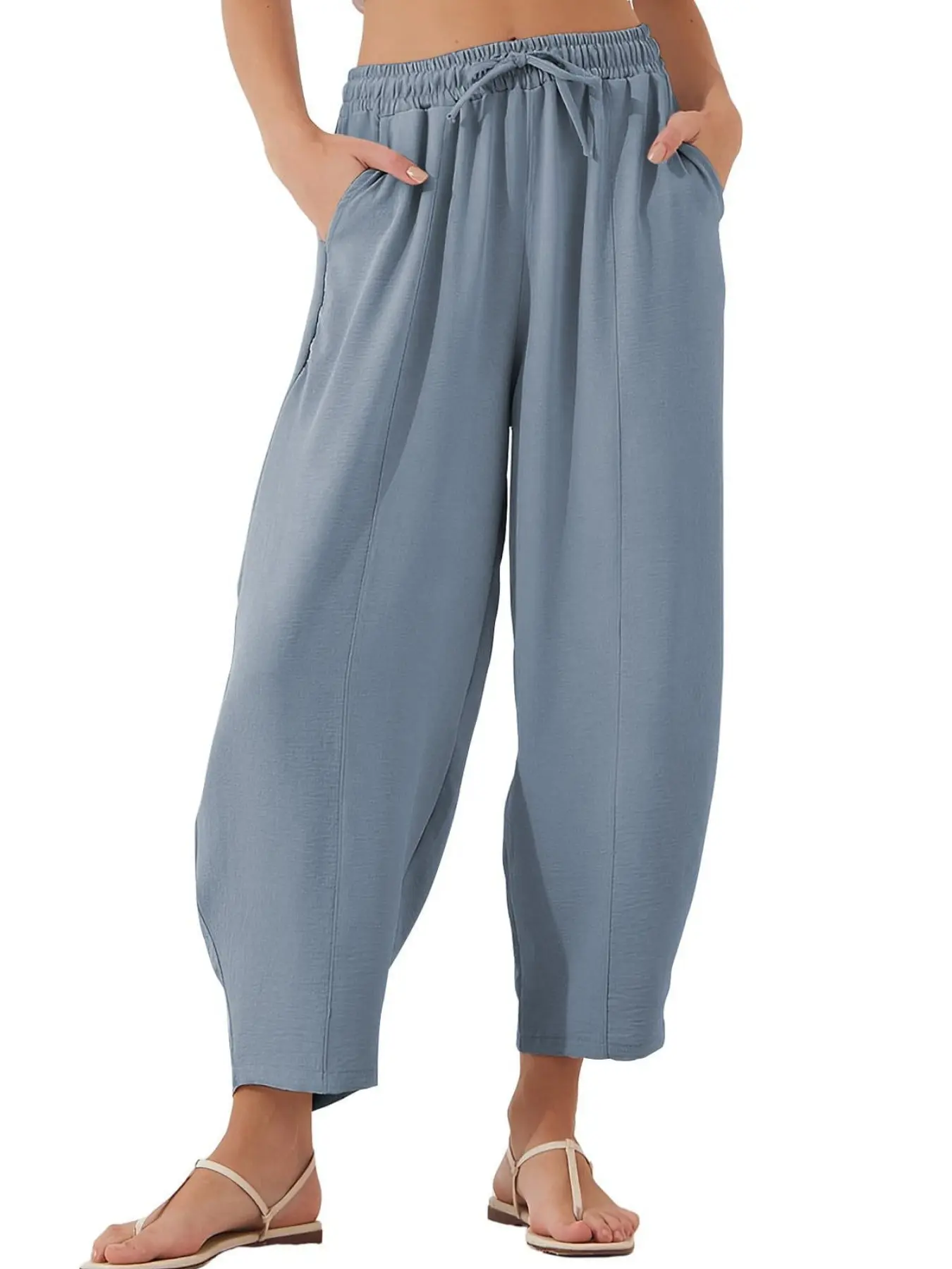 Summer Solid Color Basic High Waist Loose Fit Baggy Oversized Vacation Casual Adjustable Drawstring Pocket Nine-Inch Pants, Comfortable and Stylish Summer Wear, Casual Comfy Trousers