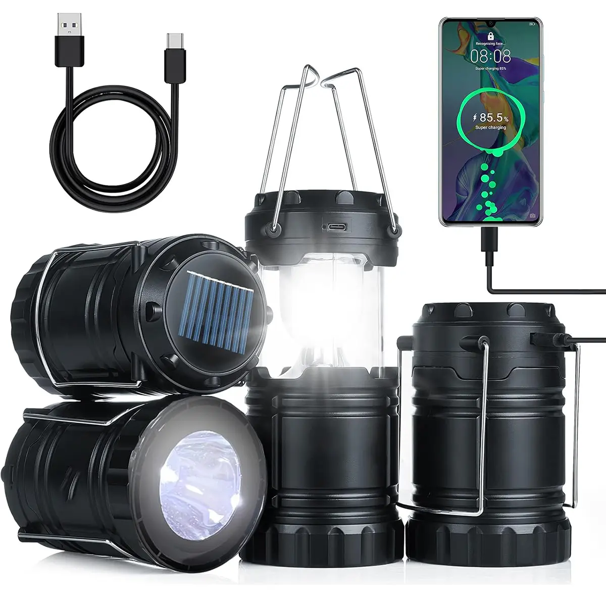 Viral 4-Pack Collapsible Camping Lantern | Solar USB Rechargeable LED Flashlight | Waterproof Lightweight Outdoor Gear | Must-Have Camping Essentials for Emergency & Hiking
