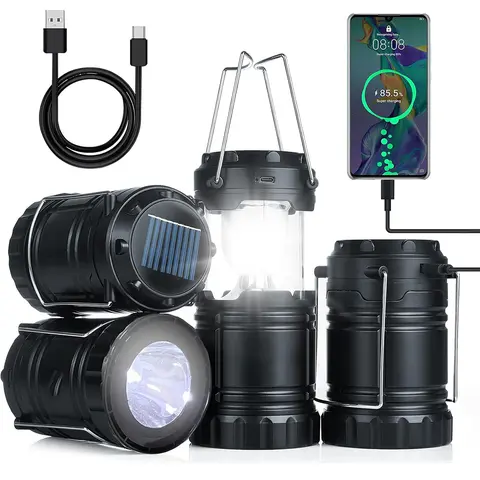 4-Pack Foldable LED Camping Lanterns with 1600mAh Batteries - Solar USB Rechargeable, 360° Lighting Coverage, Waterproof Compact, Portable USB Power Bank, Lightweight Hiking Hunting Emergency Gear