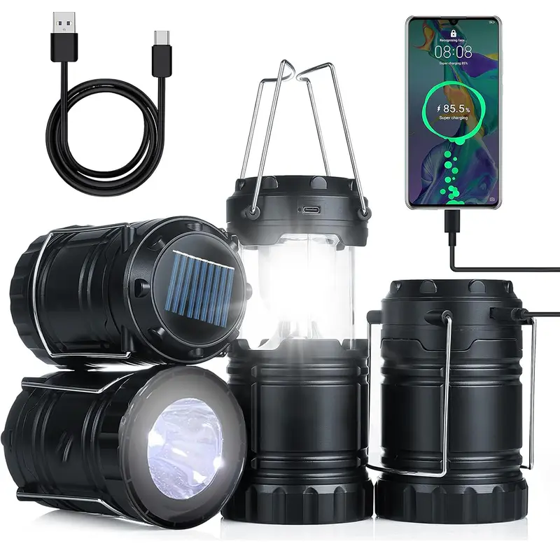 4-Pack Foldable LED Camping Lanterns with 1600mAh Batteries - Solar USB Rechargeable, 360° Lighting Coverage, Waterproof Compact, Portable USB Power Bank, Lightweight Hiking Hunting Emergency Gear