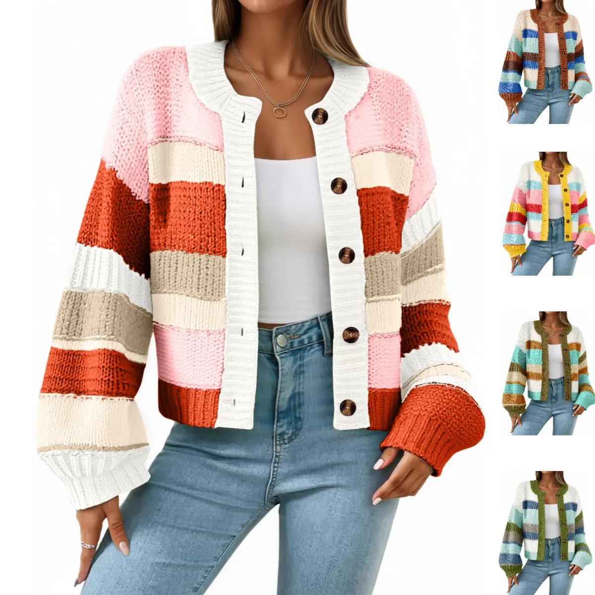 Tanming Lady's Striped Chunky Knitting Cardigan Top, Button-Up Color Block Longsleeves Loose-Fit Casual Outerwear for Women, Black Friday Pick
