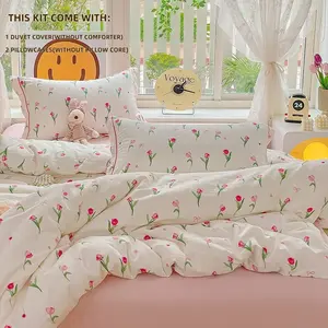 3pcs Tulip Print Decorative Bedroom Bedding Set, Charming Floral Print, Includes 1 Ruffled Duvet Cover and 2 Pillowcases, Zipper Design, Soft Fabric, Suitable for All Seasons