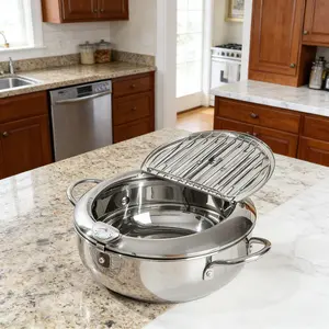 Crispy Chicken at Home Non-Stick Deep Fry Pan Stainless Steel Cookware with Lid for Easy Cooking Mess-Free Fried Food Kitchen Essentials