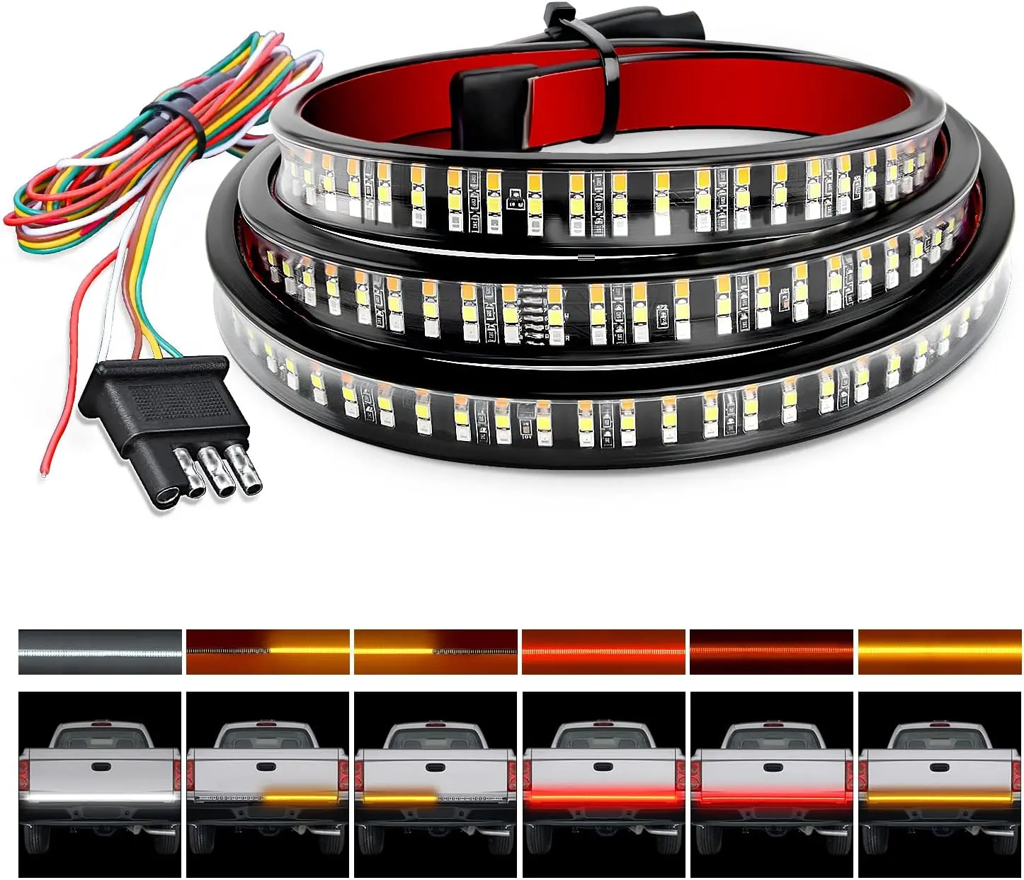 Nilight 48" Triple Row 360-LED High Brightness Multi-Function Trailer Light Kit, Amber Sequential Flash, Silicone Seal, Red Running Brake, White Reverse, Day & Night Truck Tailgate Strip for Trucks/SUVs, Aftermarket Accessory