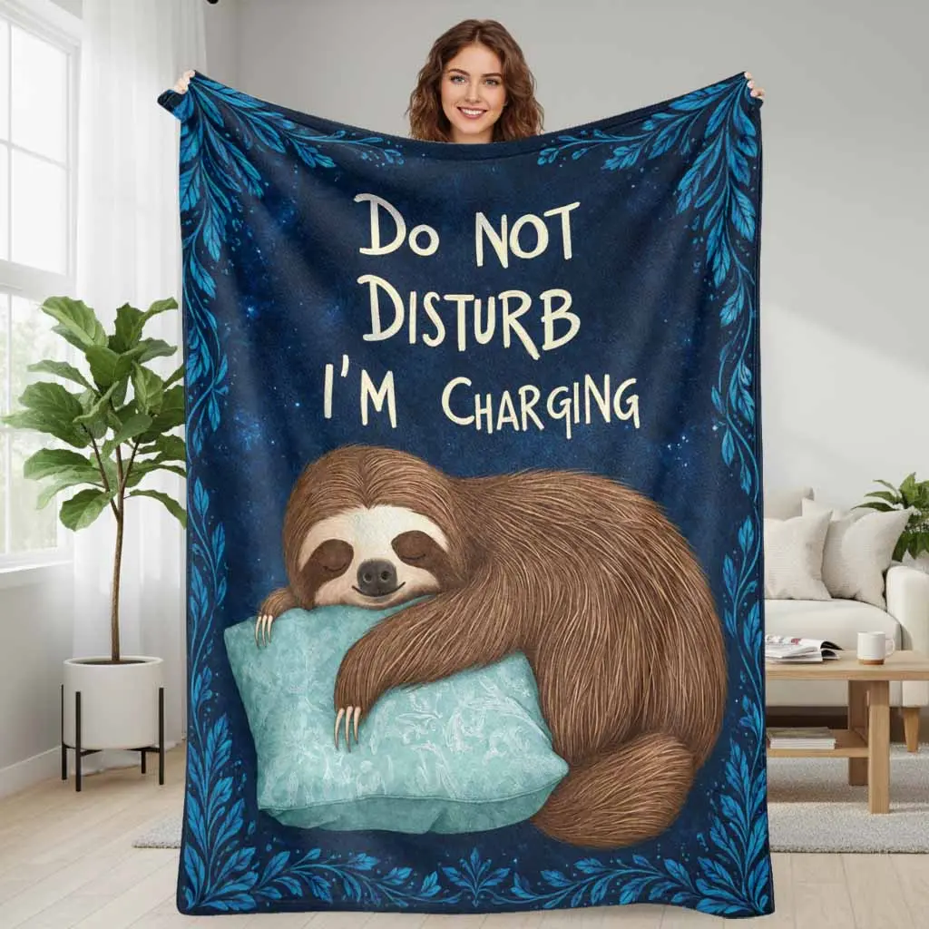 Lazy Sloth Flannel Throw Blanket, Do Not Disturb I'm Charging Print, Breathable Wrinkle-Resistant Durable, Cozy Warm Soft Lightweight Plush, Ideal for Bedroom & Daily Office Life, Relaxing Gifts for Friends Home Decor