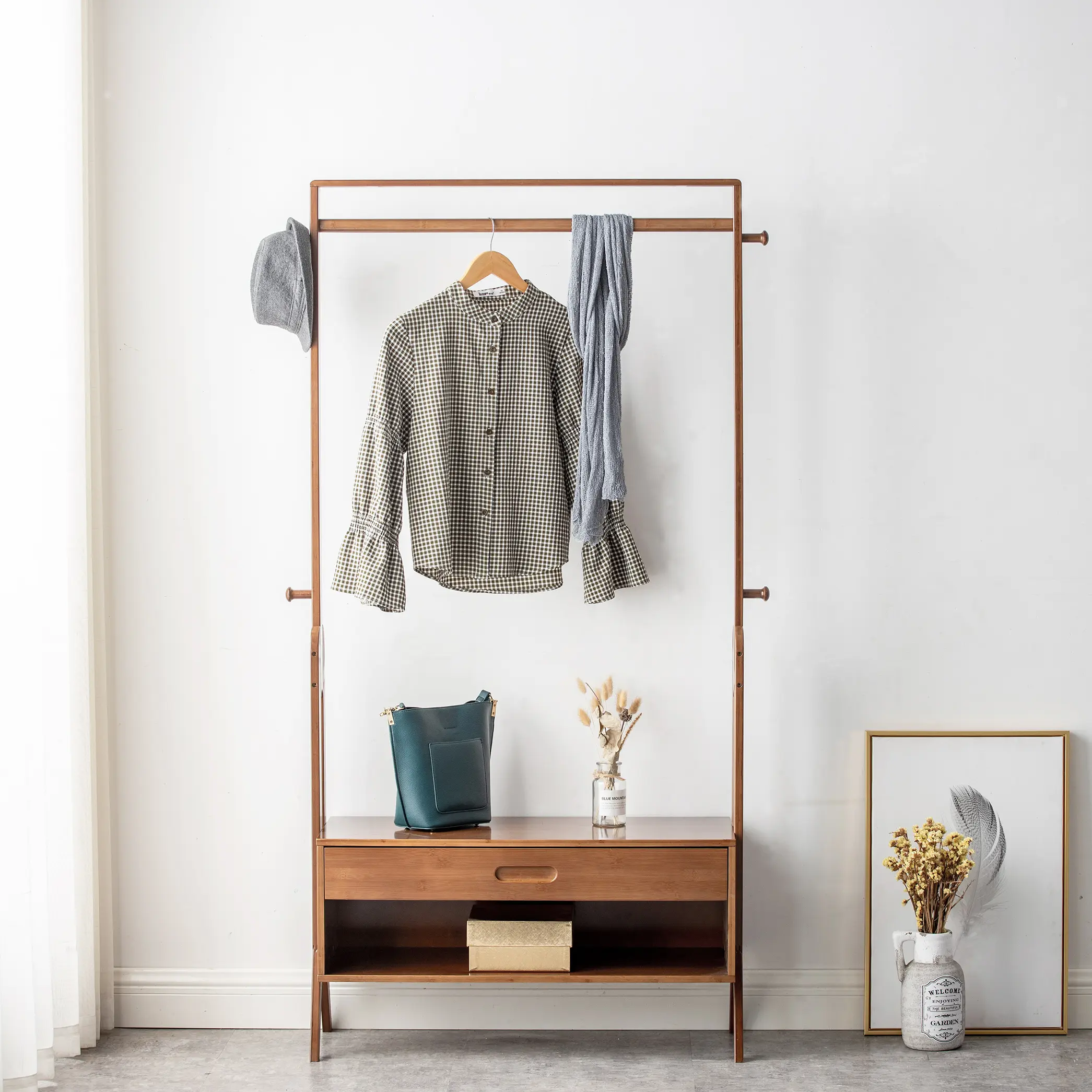 K KELBEL Wooden 3-in-1 Floor Clothes Rack with Mirror and Storage,Drawers & Open Shelf – Space-Saving Entryway Organizer for Bedroom, Living Room, or Hallway – Walnut,25"/32.9"/40.6"