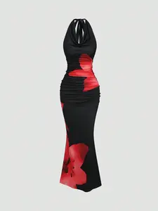 Women's Floral Halter Neck Long Dress, Floral Body Con, Ruched V-Neck Slim Fit Mermaid Tail, Elegant Classy Flattering Formal Evening Wear, Perfect for Parties and Events