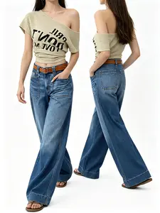 Wide Leg trendy jeans   for Women Mid Waist BaggyStitchDecorDenim Washed Pants Without Belt Medium Blue