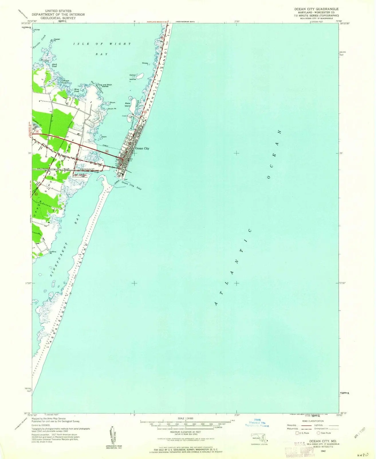 Ocean City Maryland USGS Topographic Quadrangle Map, 1942, 1:24000