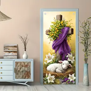 Easter cross and lamb door banner, polyester material, suitable for indoor and outdoor scene decoration, home decoration, Easter party decoration, Party Decorations Banners, Room Decor Banner, Yard Sign Banner