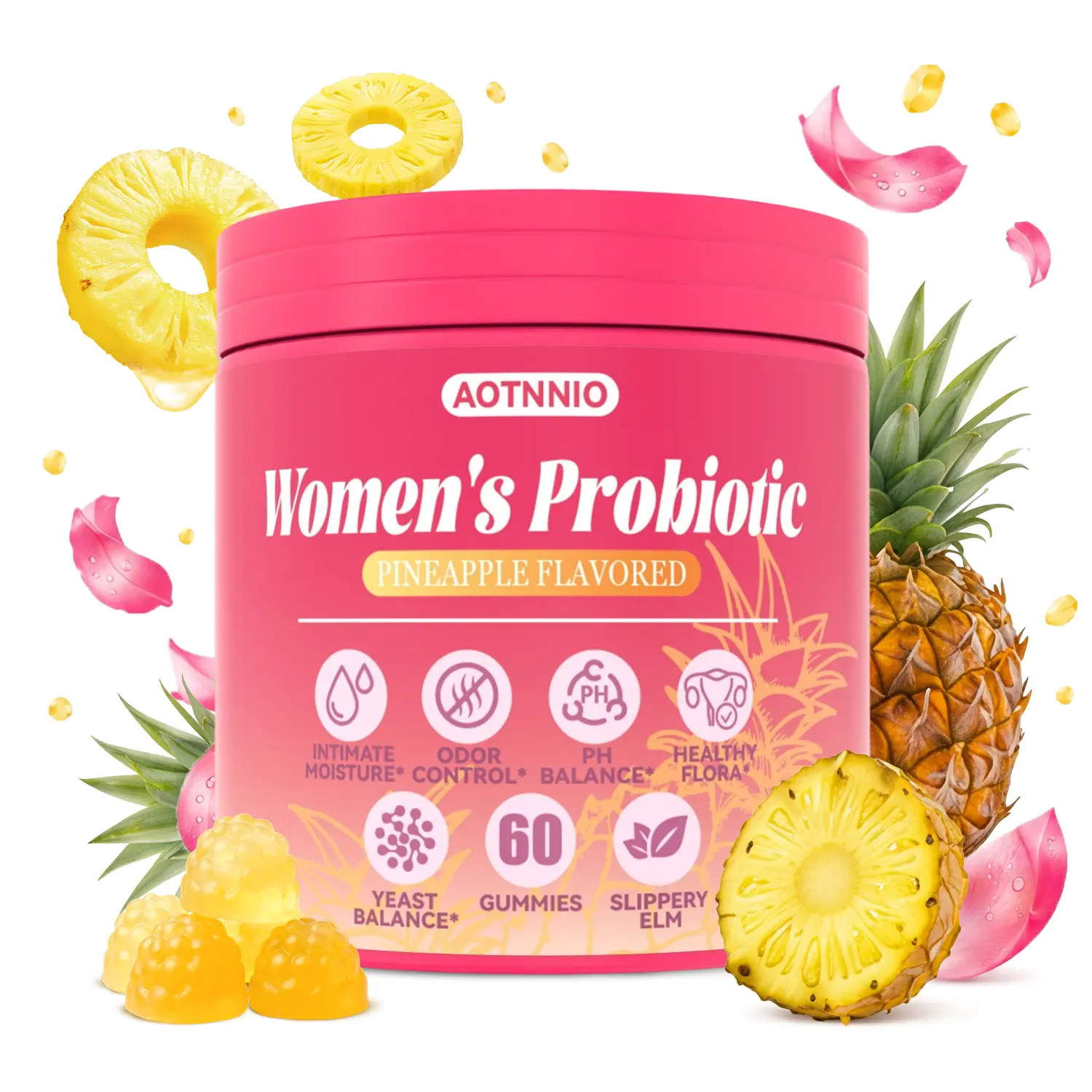 Feminine Probiotics Gummies - Pineapple Flavor with Prebiotic & Probiotic Blend  Slippery Elm Supports pH Balance