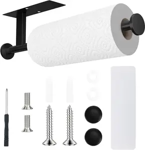 Wall-Mounted Paper Towel Holder, Self-Adhesive, SUS304 Stainless Steel for Kitchen, Bathroom, or Fridge (Black)