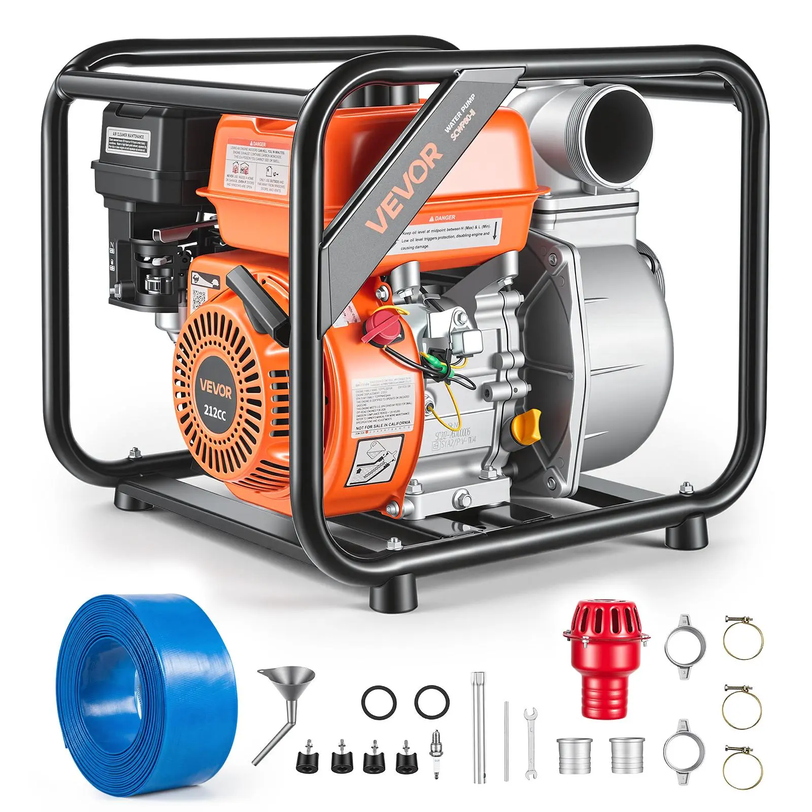 【BackToSchool】VEVOR 7HP Gas-Powered High Capacity Pond Pump, 3 in Semi Trash Water Transfer Pump, 242 GPM Portable Gasoline Engine, 25 ft Discharge Hose, Heavy Duty Frame Stand, Cast Iron Impeller, Aluminum Alloy Body, for Outdoor Farm Irrigation, Floodwa