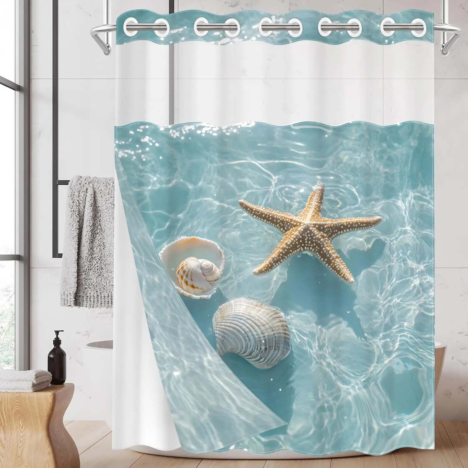 1PC 2D Starfish, Seashell, Ocean Wave Pattern Double-Layer Woven Decorative Shower Curtain Clear (No Hooks), Transparent Top Window, Removable Liner with Clip-on Design, Bathroom, Restroom Decor Accessories, Bathroom Decoration Accessories