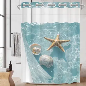1PC 2D Starfish, Seashell, Ocean Wave Pattern Double-Layer Woven Shower Curtain Clear (No Hooks), Transparent Top Window, Removable Liner with Clip-on Design, Bathroom, Restroom Decor Accessories, Bathroom Decoration Accessories