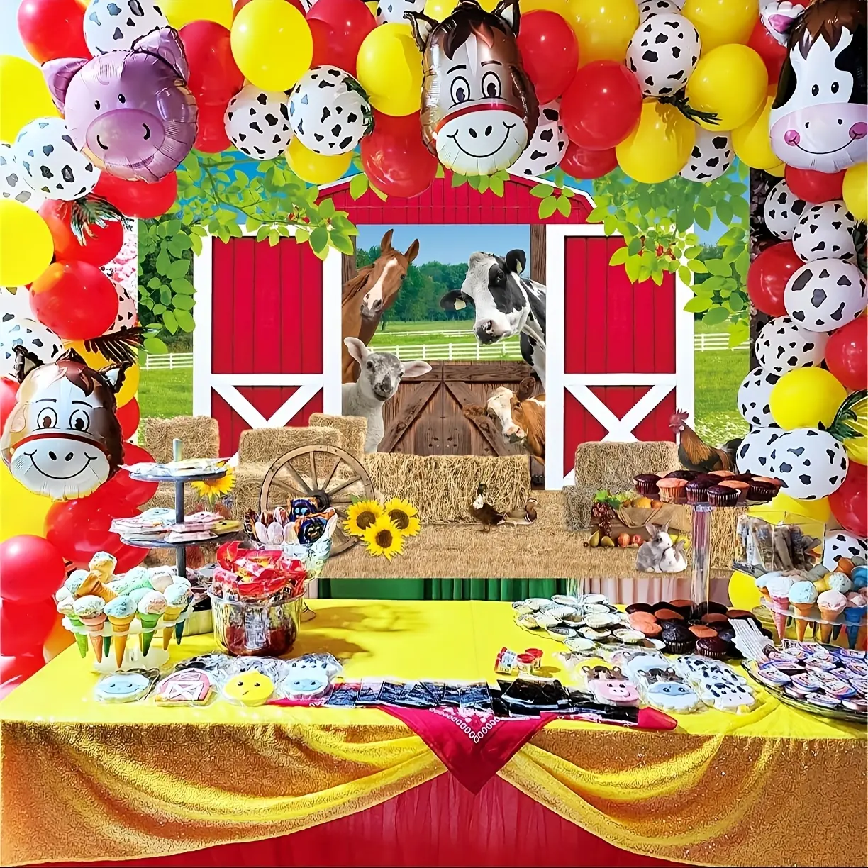 Country Farmhouse Banner Backdrop, Barn, Farm Animals, Spring Grass Scene, Polyester Fiber Wall Decor, Perfect for Parties & Photography