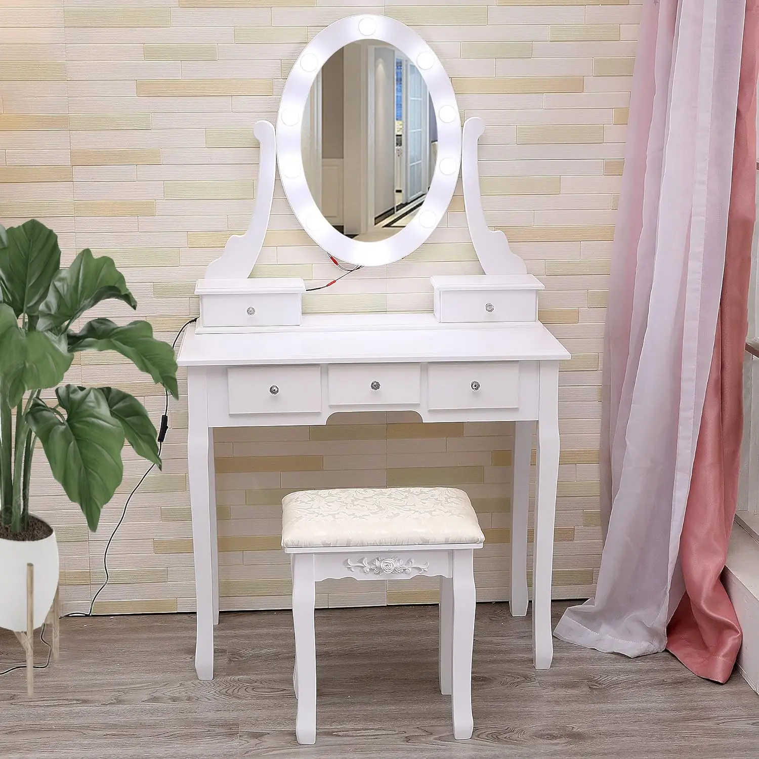 Garvee Modern Makeup Vanity with Illuminated Mirror, Padded Stool, and 5 Drawers – Stylish Dressing Table for Bedroom Use, Suitable for Women and Young Users