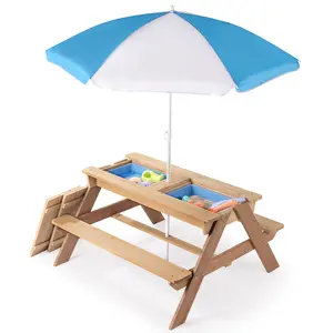 3-in-1 Kids Outdoor Wooden Picnic Table With Umbrella, Convertible Sand  Wate