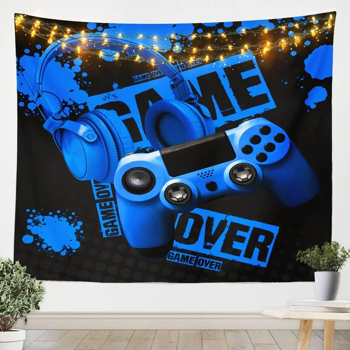 Feelyou Soft Large Video Game Wall Tapestry - 59inW x 82inL Vibrant Blue Black Gaming Headset & Gamepad Art, Brightening Home Bedroom Decor, Lightweight Indoor/Outdoor Tapestry Wall Mural, Wall Tapestries