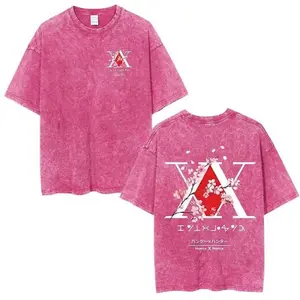Women's Oversized Vintage Washed Short-Sleeve Unisex T-Shirt - Hunter x Hunter Killua Gon Cherry Blossom Graphic, Baggy Casual Streetwear Cotton Anime Gift Top