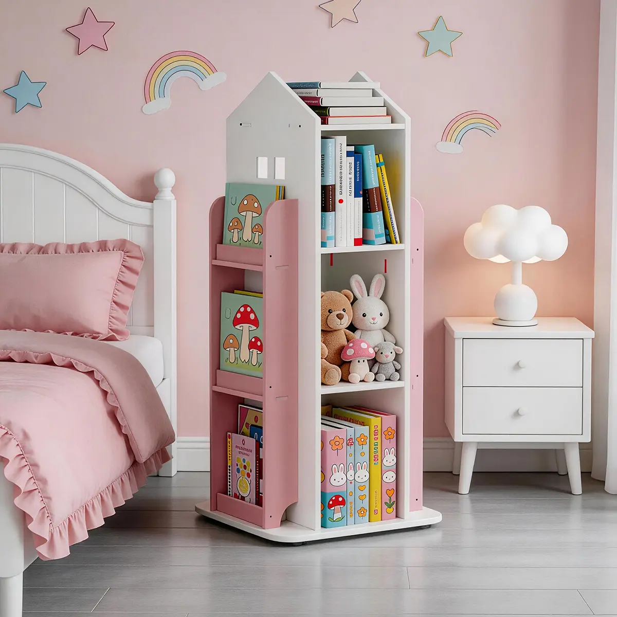 Rotating Book Display Stand, 4 Tier Spinning Bookshelf, 360 Degree Display Organizer Bookcase Rack, Multi-Functional Corner Book Storage Tower for Studys(16.14x16.14x38.19in)