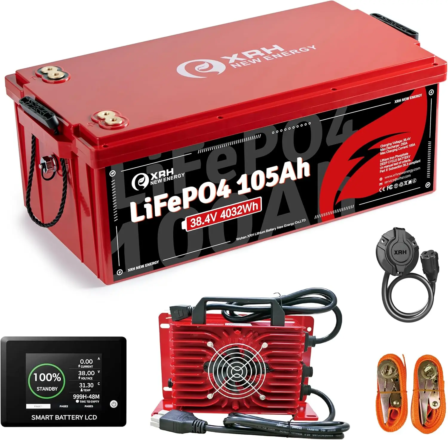 36V(38.4V) LiFePO4 Lithium Battery Built-in 250A BMS,with 36V 20A Lithium Battery Charger,Mobile APP,Touch Monitor,Port Plug,Retention strap,6000+Cycles,Perfect for Golf Carts. (Plastic)