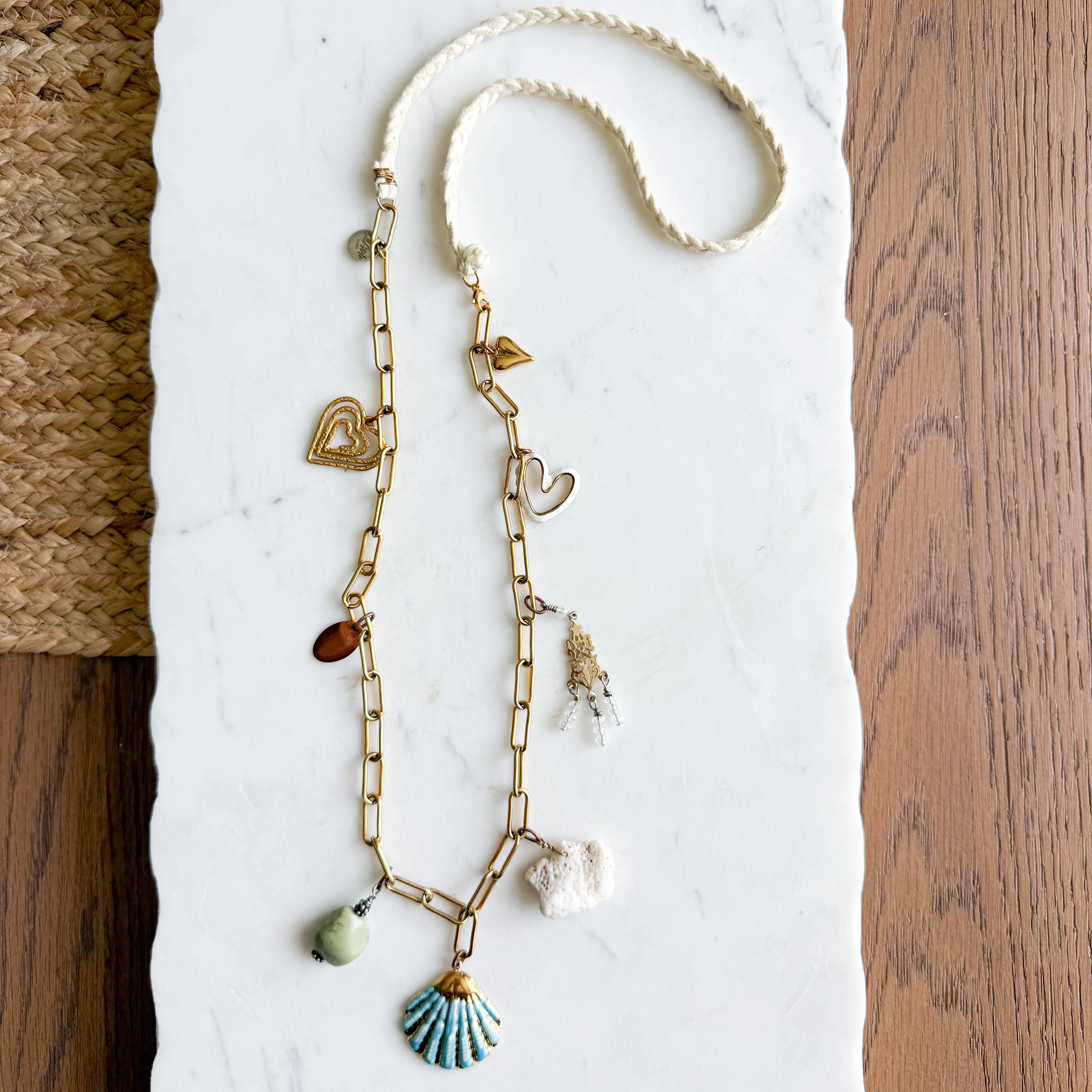 Blue Shell Deerskin Leather Long Statement Coral Charm Necklace