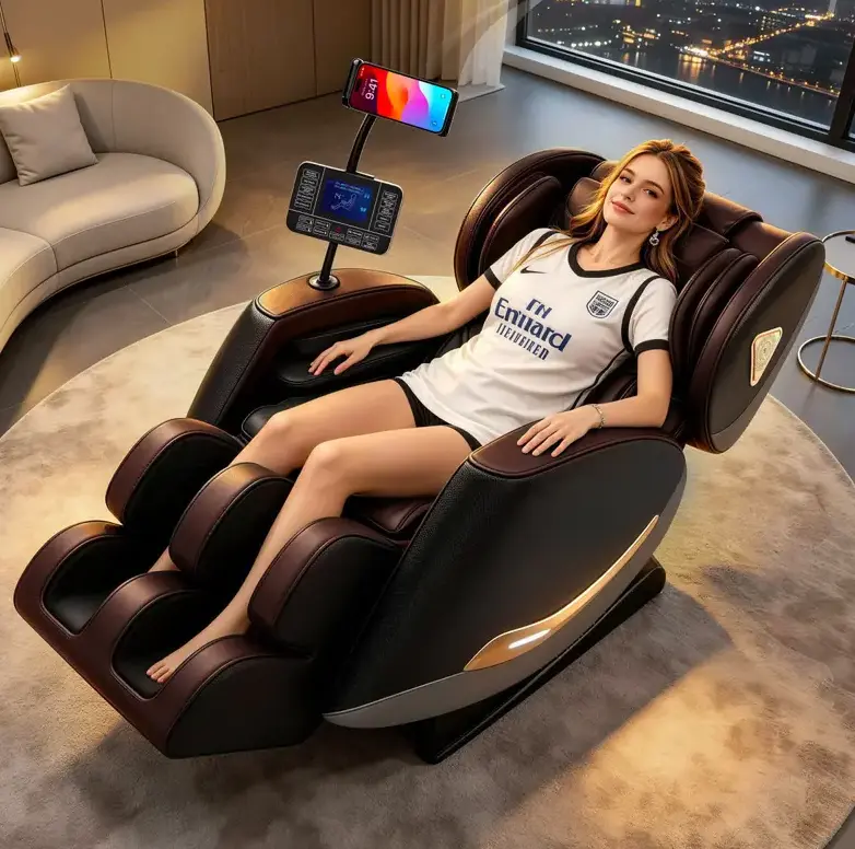 Full Body Massage Chair, Zero Gravity Recliner with 10 Rollers & Enhanced Back Cushion, PU Leather Recliner Chairs with Thick Seat Cushion for Home Office, Brown