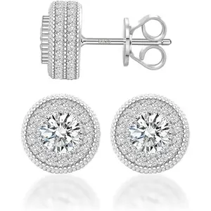 Gold/Silver Halo CZ Stud Earrings, Double Layer Round Pave Crystal Earrings for Women
