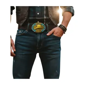 NEW Men / Women Cowgirl Turquoise Western Belt Buckle Antique-Gold Cowboy Hat Oval 4" x 3" Fits 1.5" Belts Southwestern Statement Buckle for Dresses Denim and Boots