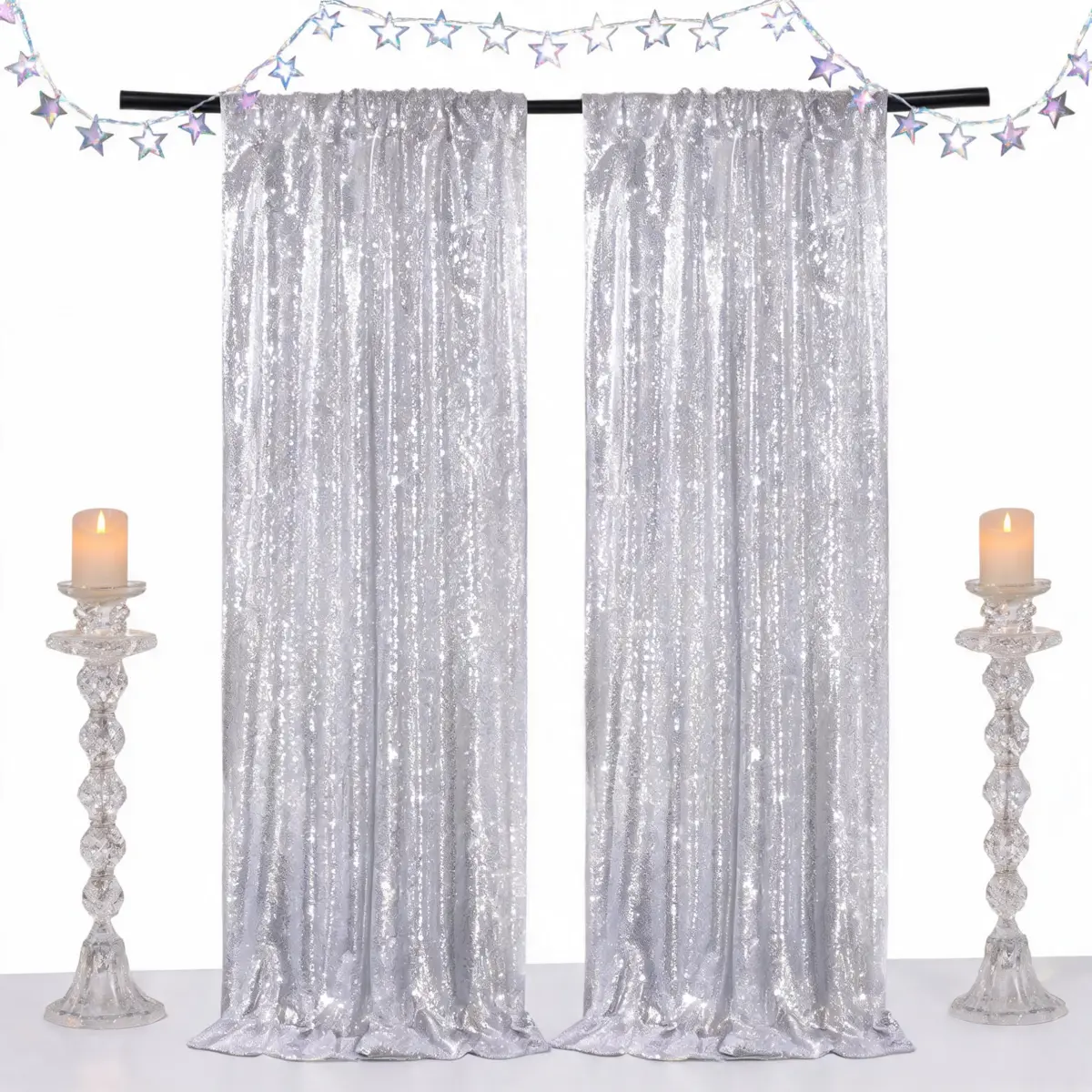 Silver Sequin Backdrop Curtains 2 Panels 2FTx8FT, Shimmering Glitter Drapes for Wedding Reception, Anniversary, Candy Buffet, Arch Photography Background Decor