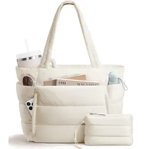 Bagstellar Puffer Tote Bag for Women with Makeup Bag, Large Work Tote Laptop Bag, Lightweight Travel Tote Bag with Zipper Gifts for Women Teacher Nurse Quilted Shoulder Organiser for School Gym