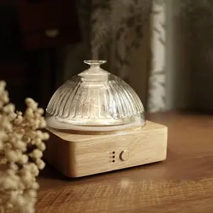 200ml Ultrasonic Glass Dome Essential Oil Diffuser with Glass Reservoir and Wood Base No Plastic for Aromatherapy Home Office Yoga Pilates with Timer 7 Color Light Auto Off