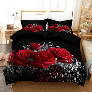 Valentine's Day Rose Print Bedding Set, Includes 3 Pieces, 1 Fitted Sheet and 2 Pillowcases, Soft and Comfortable Home Bedroom Essentials, Soft Bedding Sets, Polyester Bed Set, Bed Sheets Set, Bed Sets Supplies