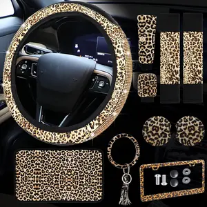 10 s Leopard Print Car Accessories Set Diamond Cheetah Leopard Steering Wheel Cover Seat Belt Cover Leopard License Frame Armrest Pad Cover Cup Holder Keyring Bracelet for SUV Car Truck