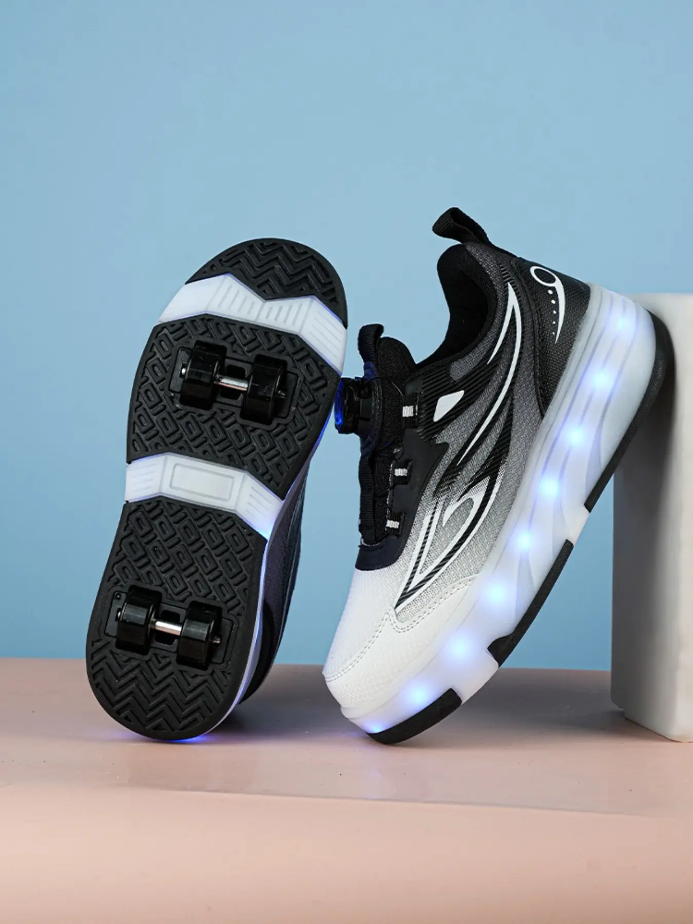 Unisex Beginner Skate Shoes, Waterproof Leather Rotating Buckle, Durable Anti-Slip Four-Wheel Multifunctional Roller Skates, USB Charging Light Shoe, Adjustable Roller Skates, Skating Shoes