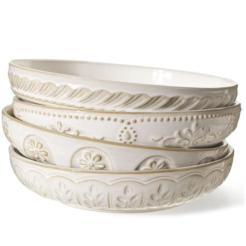 Artena Artisan Embossed Glazed Ceramic Salad Bowl Set (4-Piece, 9.75in, 50oz/1479ml), Chip-Resistant Durable, Microwave-Safe, Dishwasher-Safe Kitchen Tableware, Salad+Pasta Ready Home Decor Dish