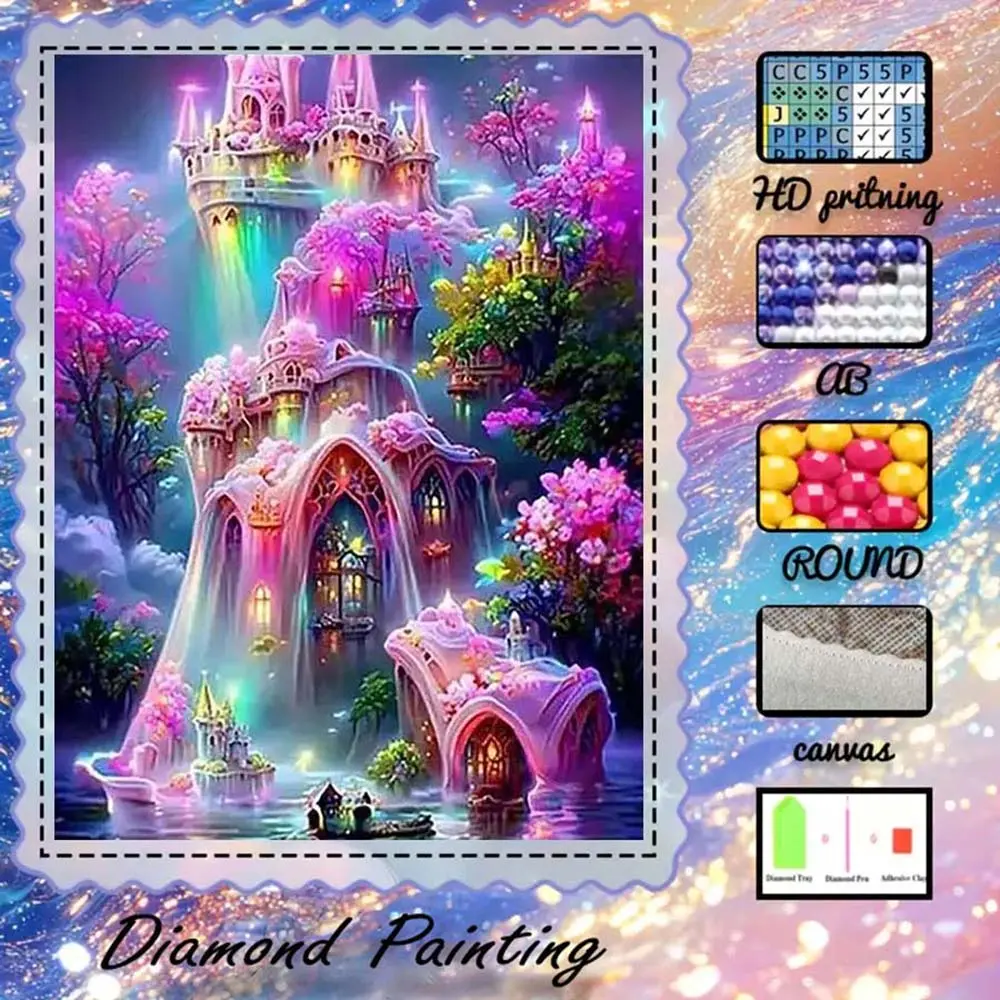 DIY 5D flocking cloth diamond painting kit, AB drills, fairy dust drills, crystal drills. Dream castle, flower sea, waterfall diamond embroidery. Special craft diamond art set, wall decor, handmade gifts, perfect gift for family, loved ones, friends.