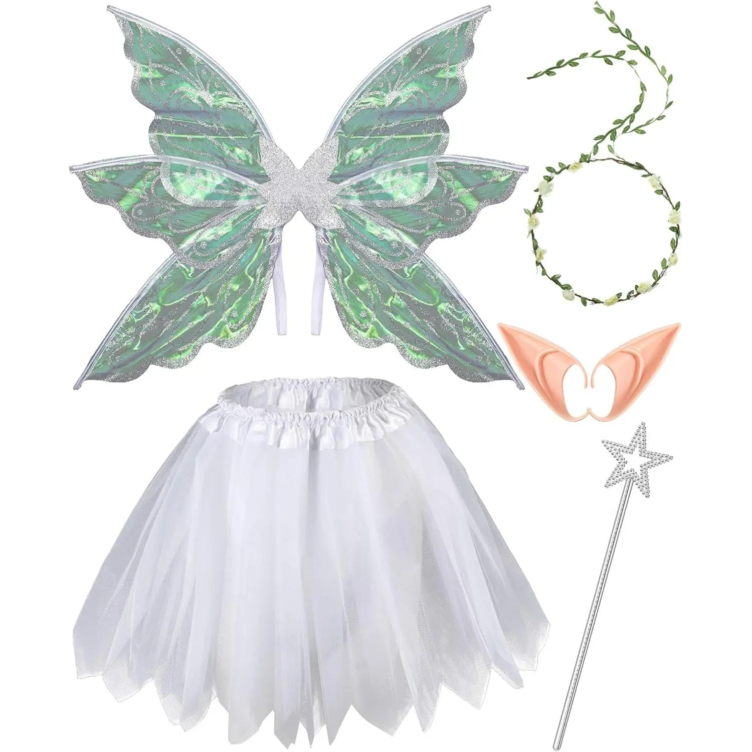 Women Butterfly Fairy Wing Costume Set Wing  Ear Flower Crown Star Wand Tutu Skirt for  Carnival Cosplay