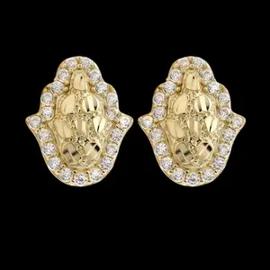 MaxBling81 14K Gold Plated Brass Golden Nugget Hamsa Hand Earrings 12mm x 12mm Cubic Zirconia Stud Unisex Fashion Jewelry for Men & Women