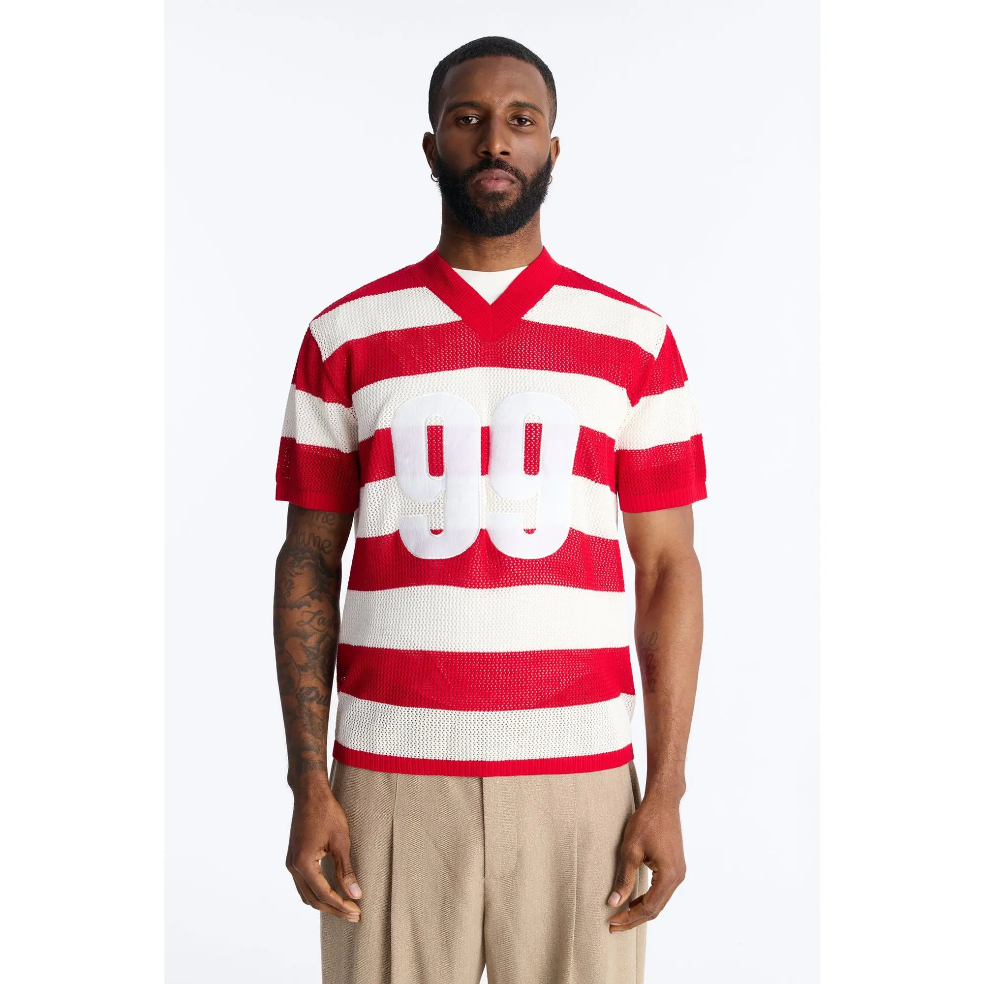 Short Sleeve Striped Crotchet Jersey - Red