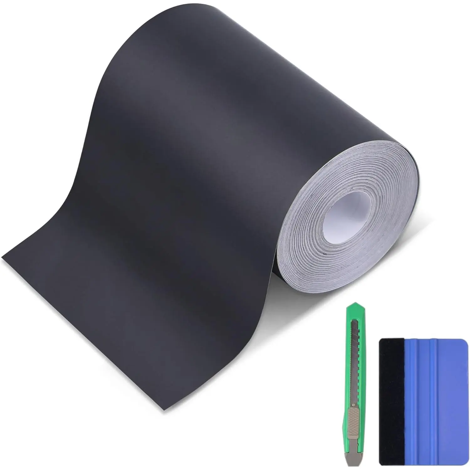 Matte Black Calendared Vinyl Wrap Tape Roll (4in x 30ft Long Roll) - Self-Adhesive Chrome Delete Kit with Tools, Airrelease Smooth Adhesive, Blackout Protective Wrap for Car Door Sill Window Trim Edge Guard, Decal For Cars, Vinyl Decals