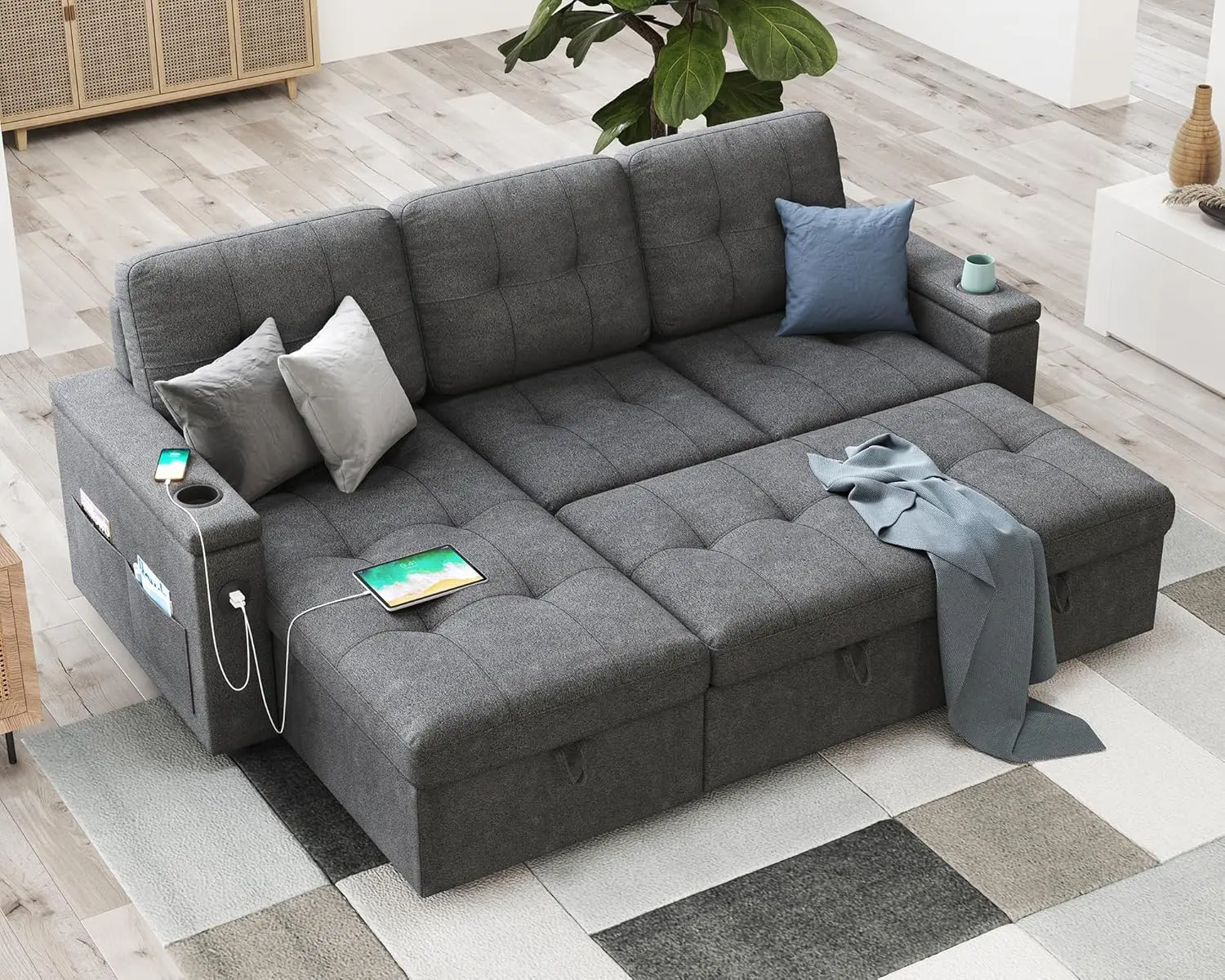 AMERLIFE Sleeper Sofa, 84 Inch Pull Out Couch with 2 USB & Cup Holders, Tufted L Shape Convertible Sofa with Storage Chaise