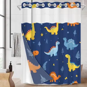 1pc hookless shower curtain with grommet liner, dinosaur, stars, and fern leaf design 2D flat printing, fabric waterproof liner shower curtain with see-through window, double-layer shower curtain, 71 x 74 inches, modern home window decor, Bathroom Curtain