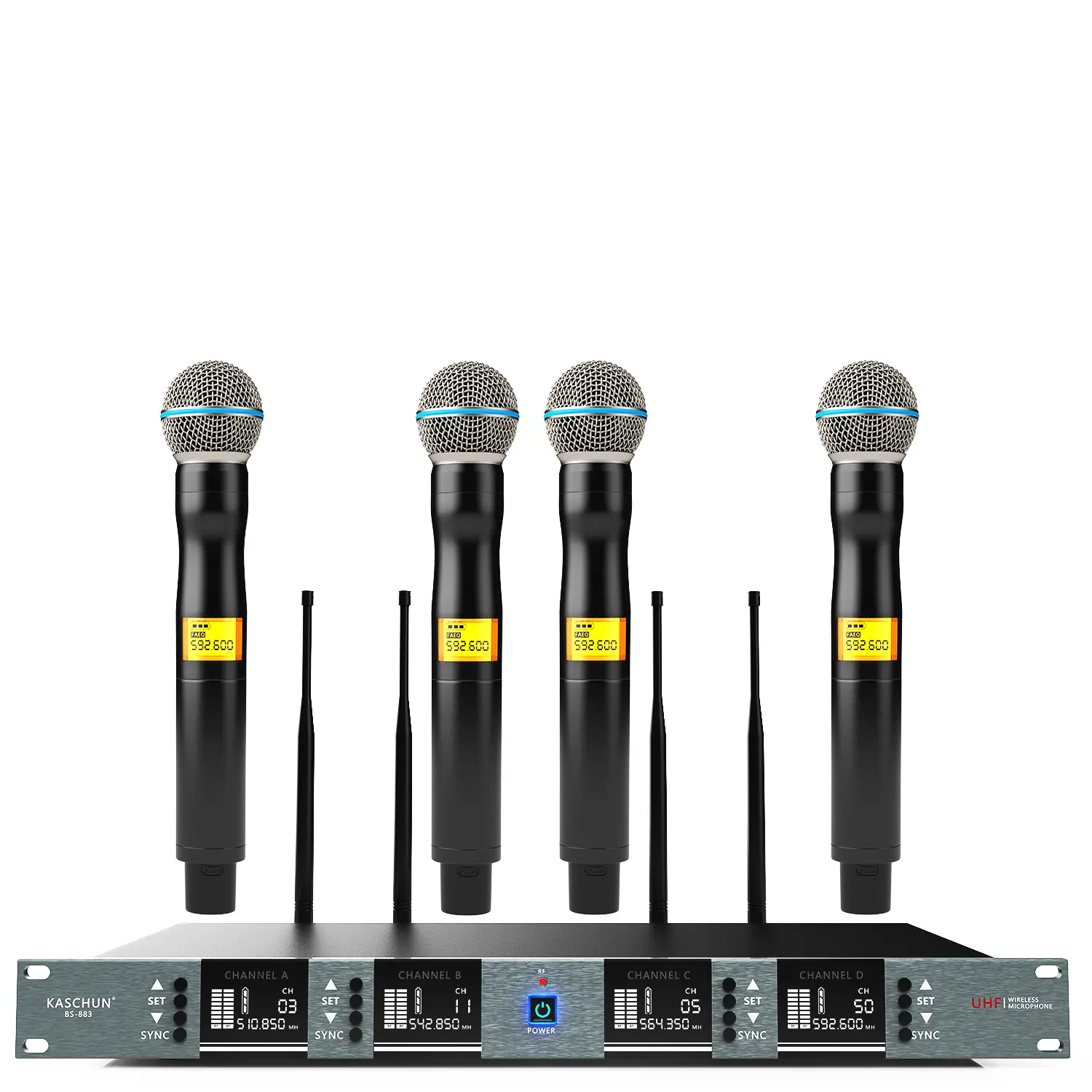 Kaschun BS-883 Professional 4-Channel UHF Wireless Microphone System - 328ft Range, Volume Control, Live Broadcasting Equipment for Karaoke, Live Streaming
