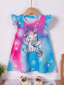 Toddler Girl's Ombre & Unicorn Print Fly Sleeve Dress, Cute Casual Gradient Princess Dress for Party Wear, Kids Clothes for Summer