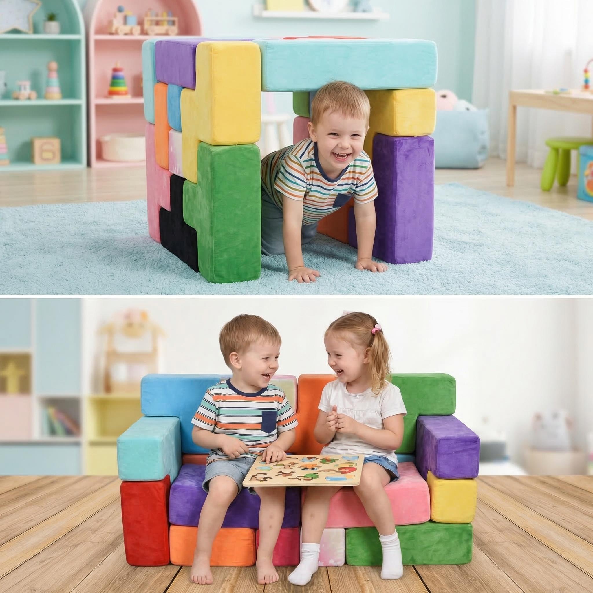Modular Play Couch, Convertible Kids Sofa to Toddler Lounge Bed, Block Splicing Foam Furniture for 3+ Years Old, Comfy Children Couch for Christmas & Birthday Gifts