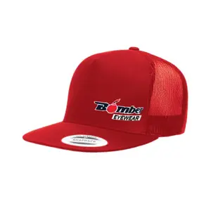 FLAT BILL RED SNAPBACK TRUCKER HAT WITH BOMBER LOGO