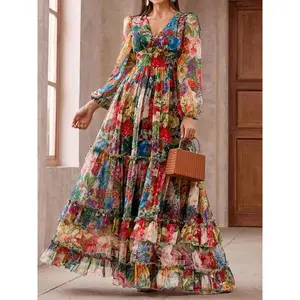 Women’s Spring/Autumn Chiffon Slimming Dress, Romantic Floral Maxi Dress, Deep V-Neck Color Print, Long-Sleeve Casual Party Dress GARMENTARY