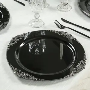 20-Pack Economy Plastic Round Charger Plates 13" in Black with Silver Embossed Baroque Rim, Stylish Dinner Party Serving Plates